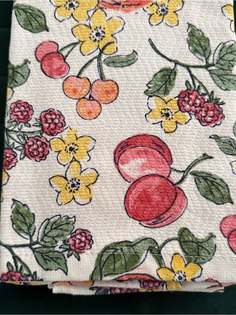Ralph Lauren White Kitchen Towel with Yellow Flowers and Red Fruit Print